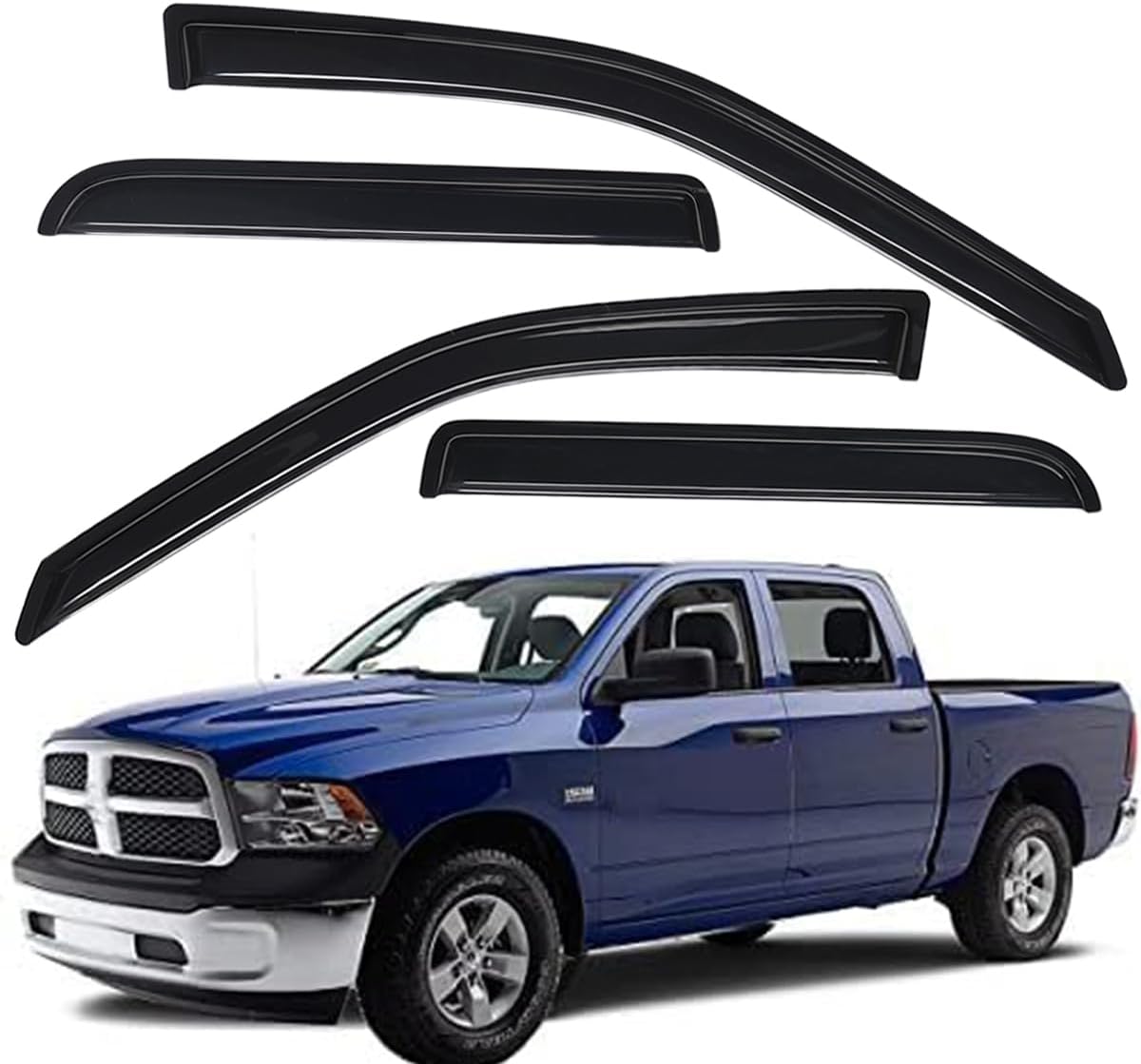 4pcs In-Channel Wind Deflector Visor Rain Guard, compatible with 2009-2018 Dodge Ram 1500 Crew Cab, 2010-2025 Ram 2500 & 3500 Crew & Mega Cab, 2019-2024 Ram 1500 Classic Crew Cab, Smoke