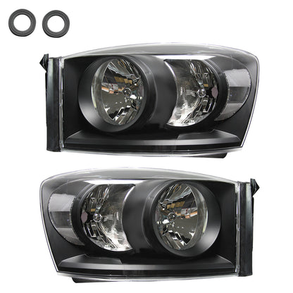 1 Pair Left Right Headlight Assembly compatible with 06-08 Ram 1500/2500/3500 Black Housing