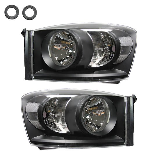 1 Pair Left Right Headlight Assembly compatible with 06-08 Ram 1500/2500/3500 Black Housing