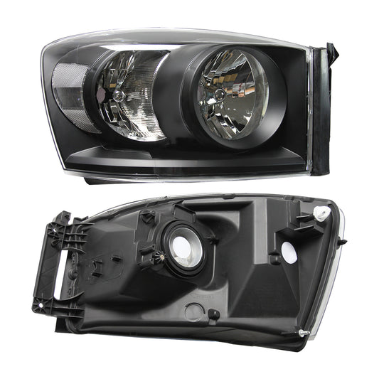 1 Pair Left Right Headlight Assembly compatible with 06-08 Ram 1500/2500/3500 Black Housing