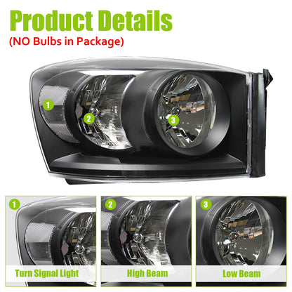 1 Pair Left Right Headlight Assembly compatible with 06-08 Ram 1500/2500/3500 Black Housing