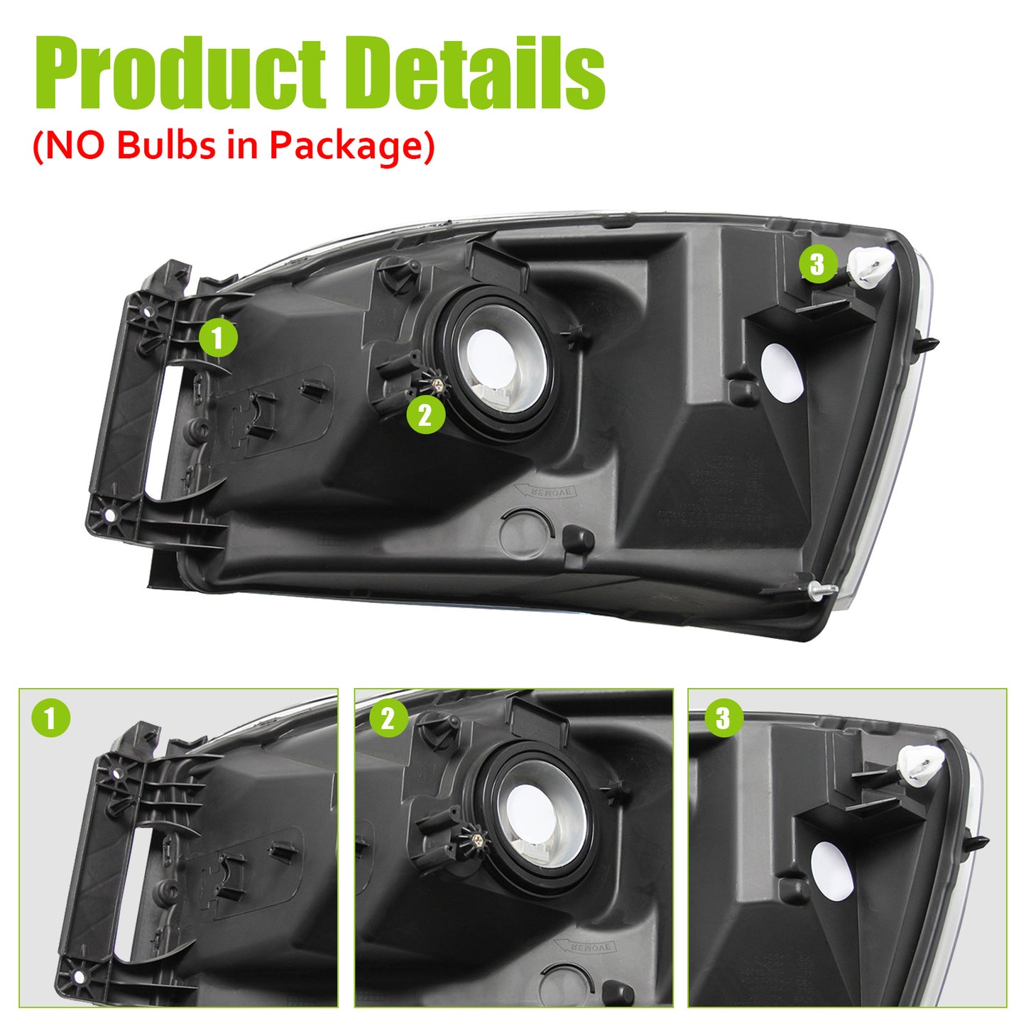 1 Pair Left Right Headlight Assembly compatible with 06-08 Ram 1500/2500/3500 Black Housing