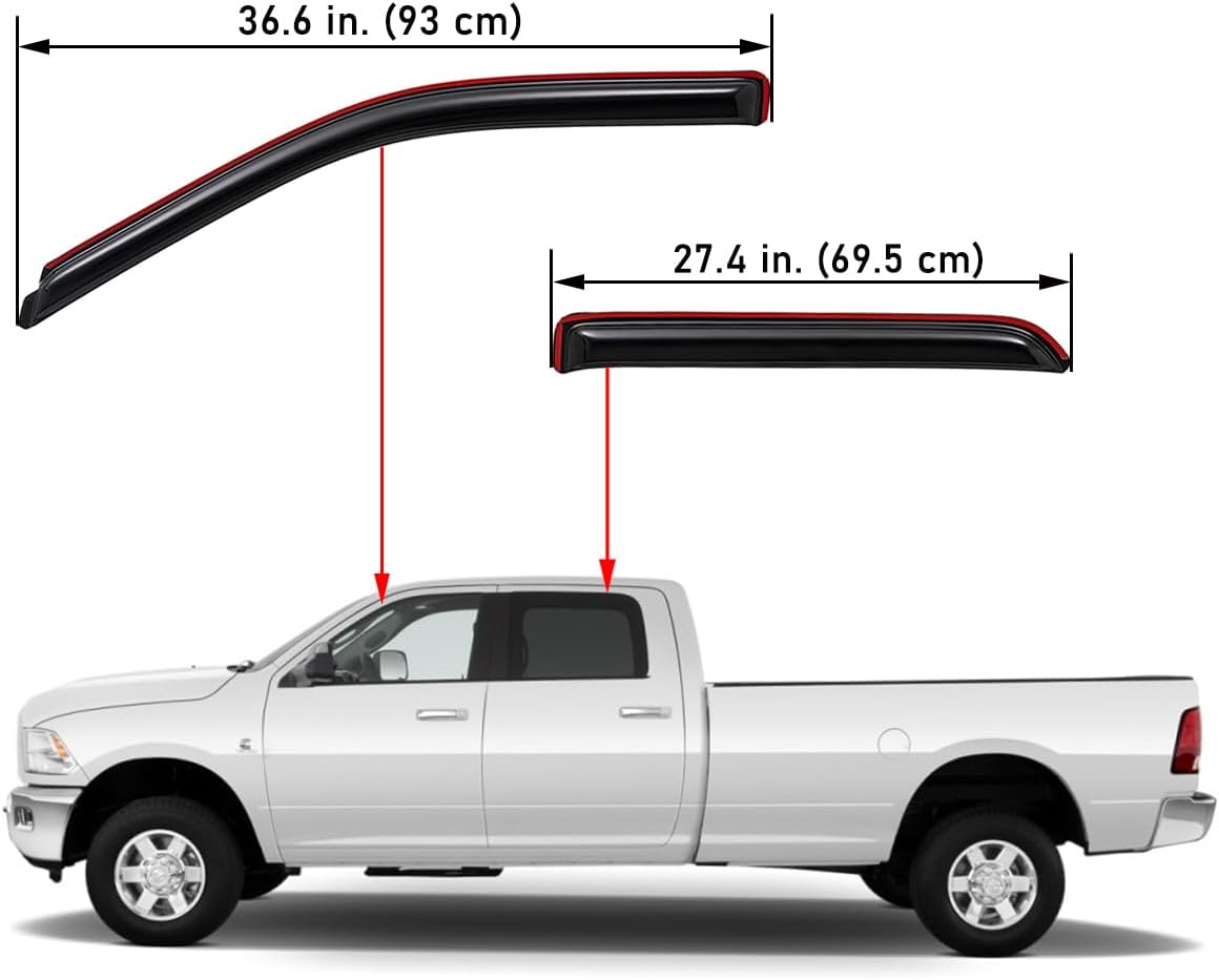 4pcs In-Channel Wind Deflector Visor Rain Guard, compatible with 2009-2018 Dodge Ram 1500 Crew Cab, 2010-2025 Ram 2500 & 3500 Crew & Mega Cab, 2019-2024 Ram 1500 Classic Crew Cab, Smoke