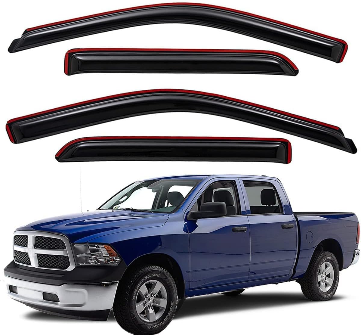 4pcs In-Channel Wind Deflector Visor Rain Guard, compatible with 2009-2018 Dodge Ram 1500 Crew Cab, 2010-2025 Ram 2500 & 3500 Crew & Mega Cab, 2019-2024 Ram 1500 Classic Crew Cab, Smoke