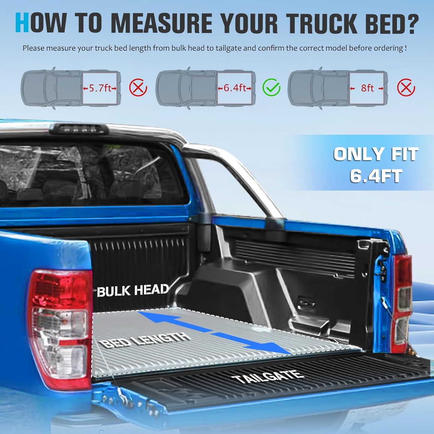 6.4Ft Soft Roll Up Tonneau Cover compatible with 2003-2010, 2011-2018, 2019-2023 Dodge Ram 1500, 2011-2024 Ram 2500 3500 6.4 Ft Bed Fleetside Without Rambox
