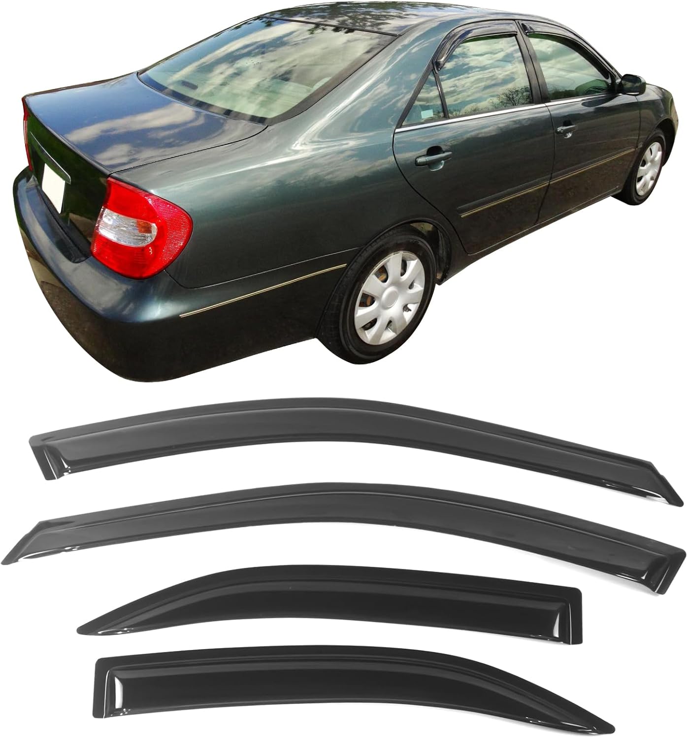 4pcs Window Visors Compatible with 2002-2006 Toyota Camry 4Dr Sedan, Slim Style Tape On- Smoke Tint Acrylic, 2003 2004 2005