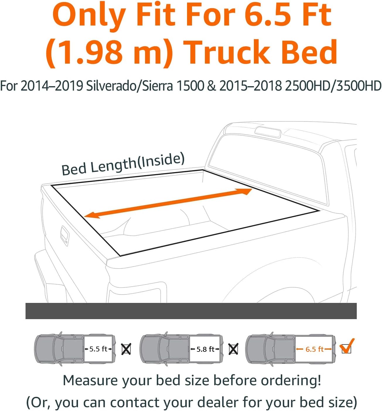 Roll-Up 6.5 feet Truck Bed Tonneau Cover compatible with 2014-2019 Chevy Silverado, GMC Sierra 1500, 2015-2018 Silverado Sierra 2500 3500 HD, Fleetside