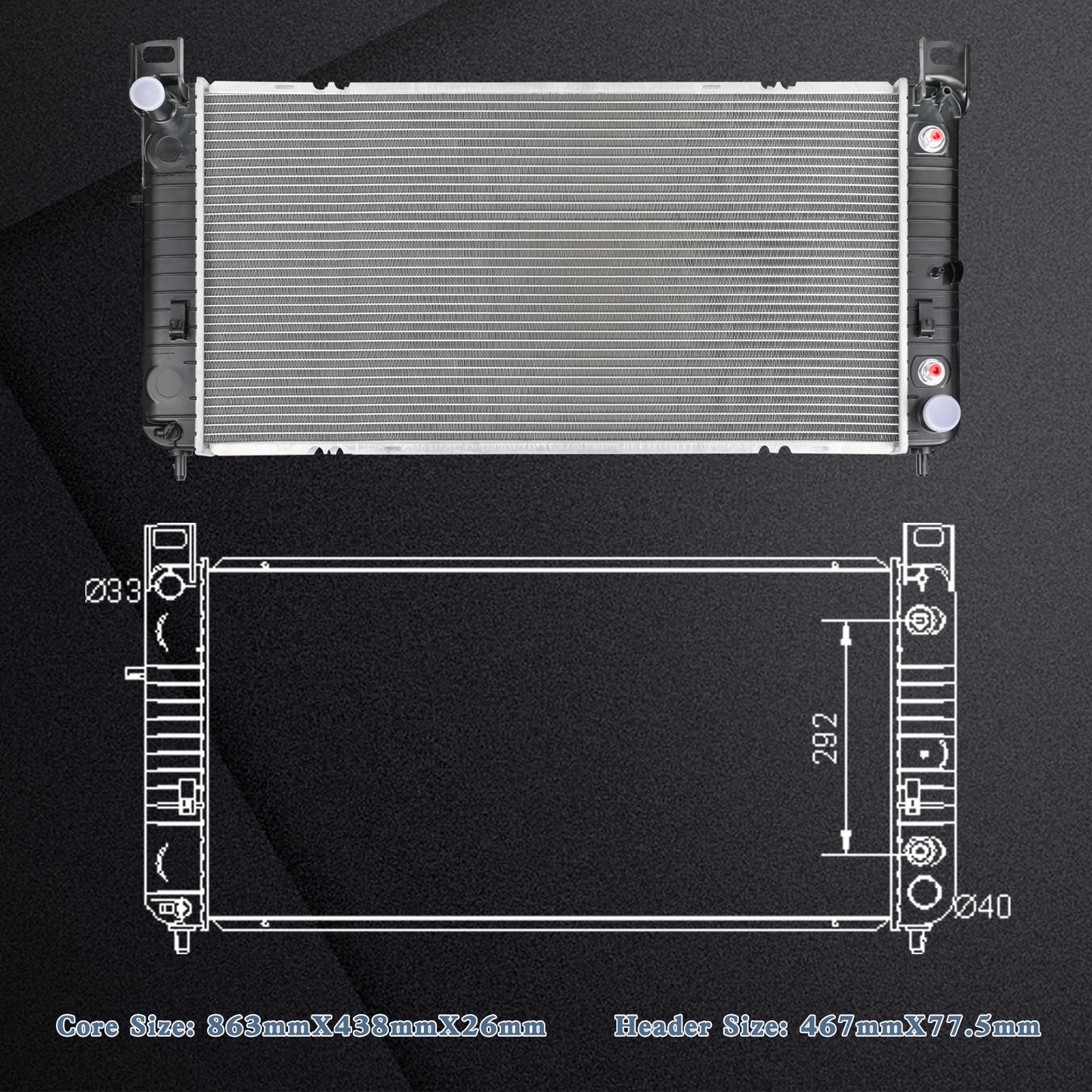 34'' Radiator compatible with Chevy Silverado 1500 GMC Yukon Cadillac Escalade 4.8 5.3L 6.0L 2423